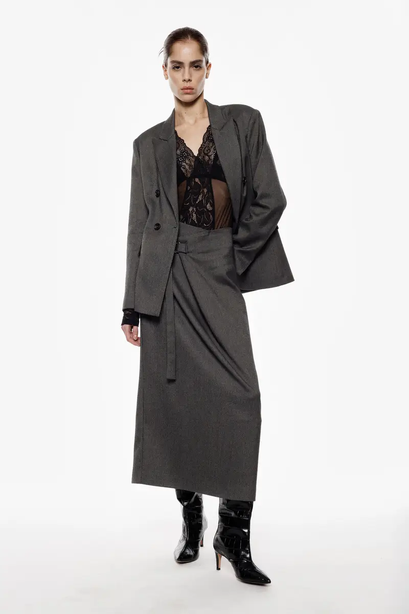 Gonna lunga sartoriale con cintura ad anello Grigio miniatura 2