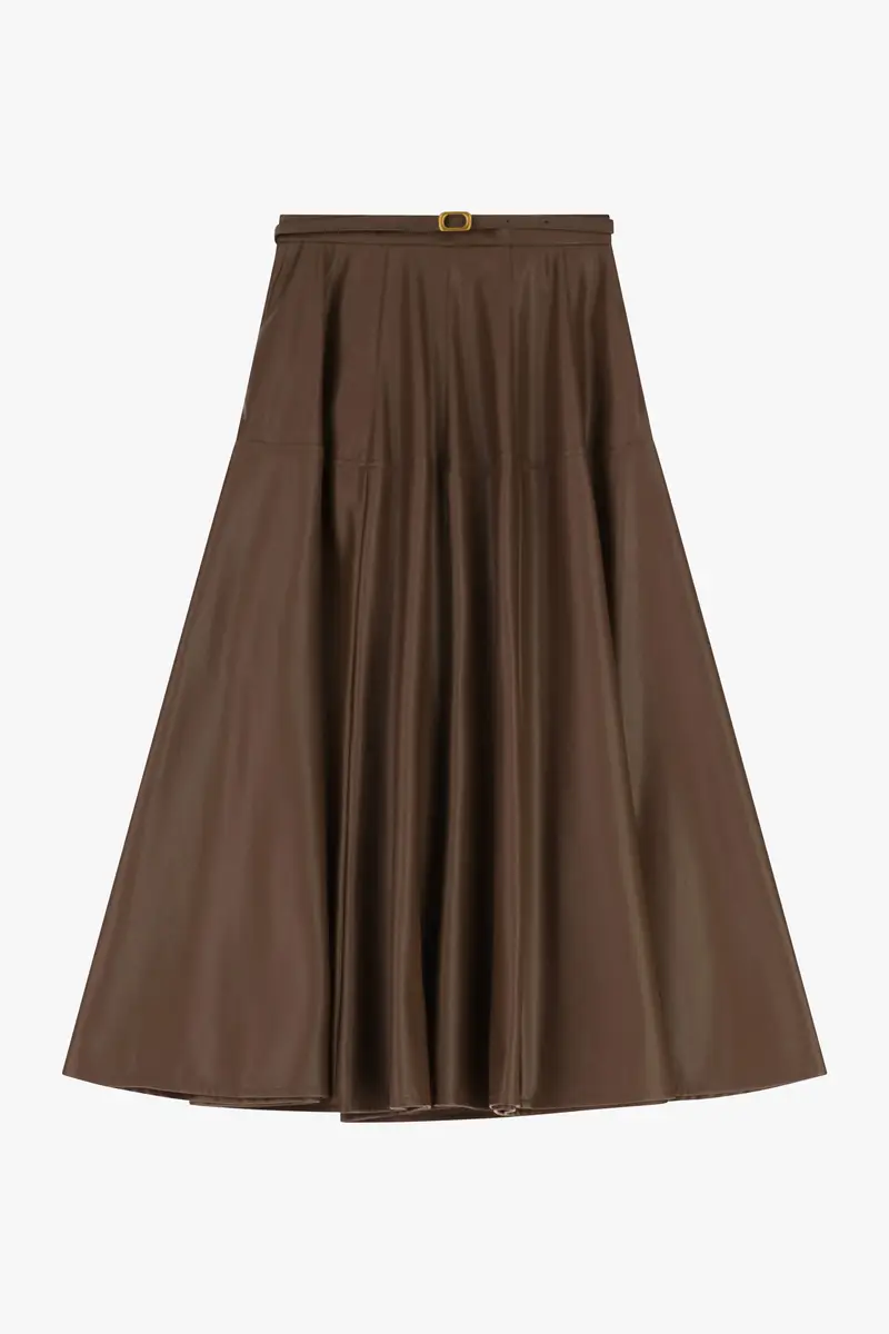 Gonna lunga svasata con cintura e dettagli minimal Tabacco