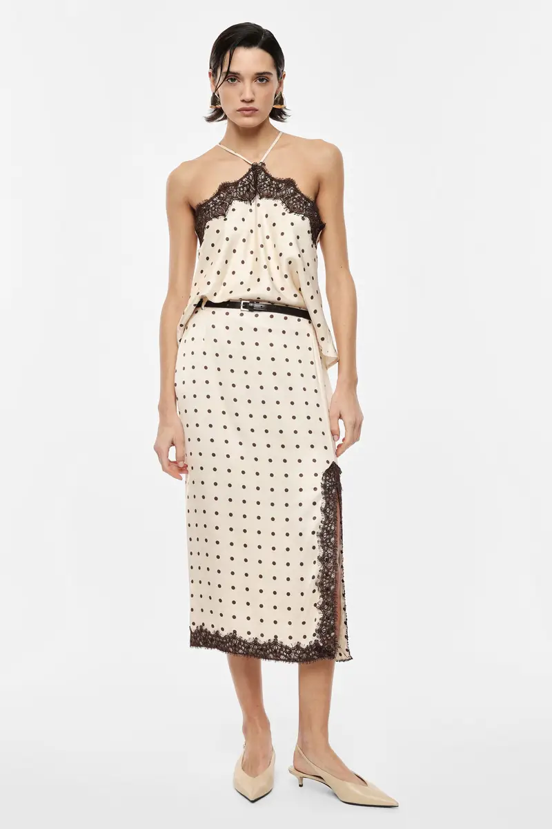 Gonna midi a pois con inserti in pizzo e spacco Panna miniatura 2