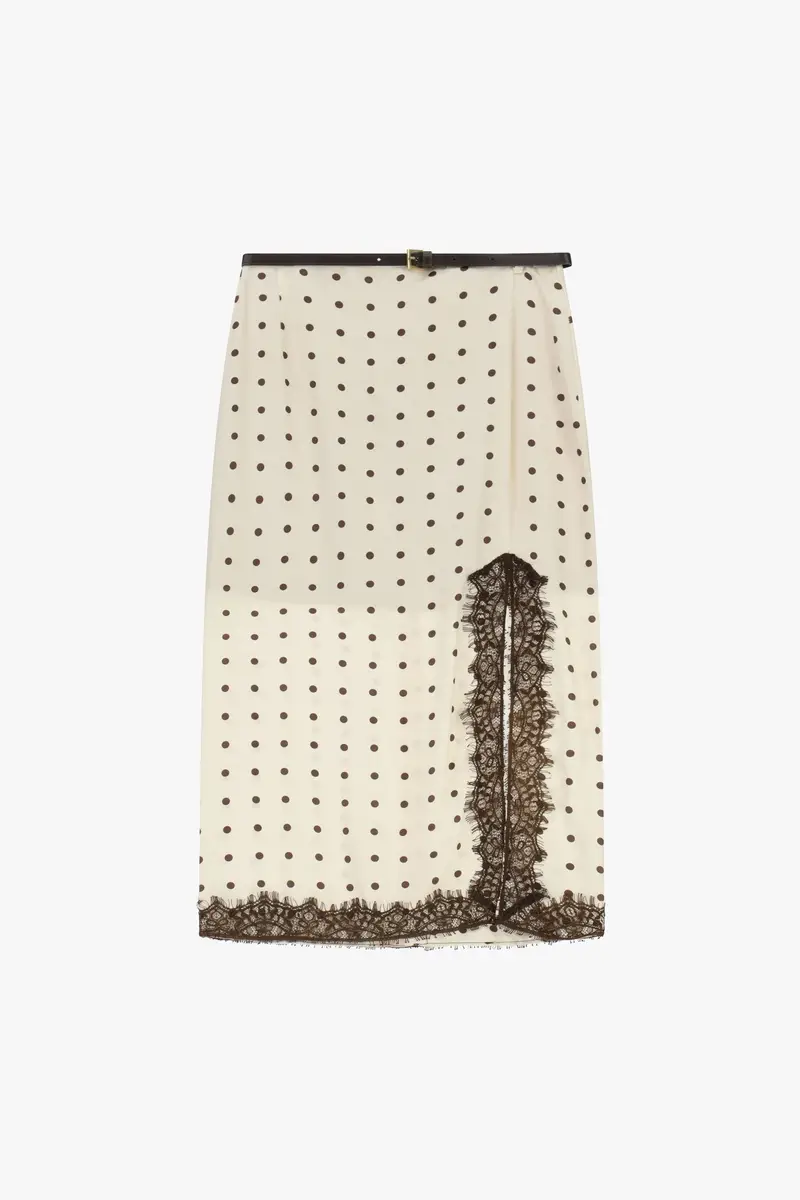 Gonna midi a pois con inserti in pizzo e spacco Panna