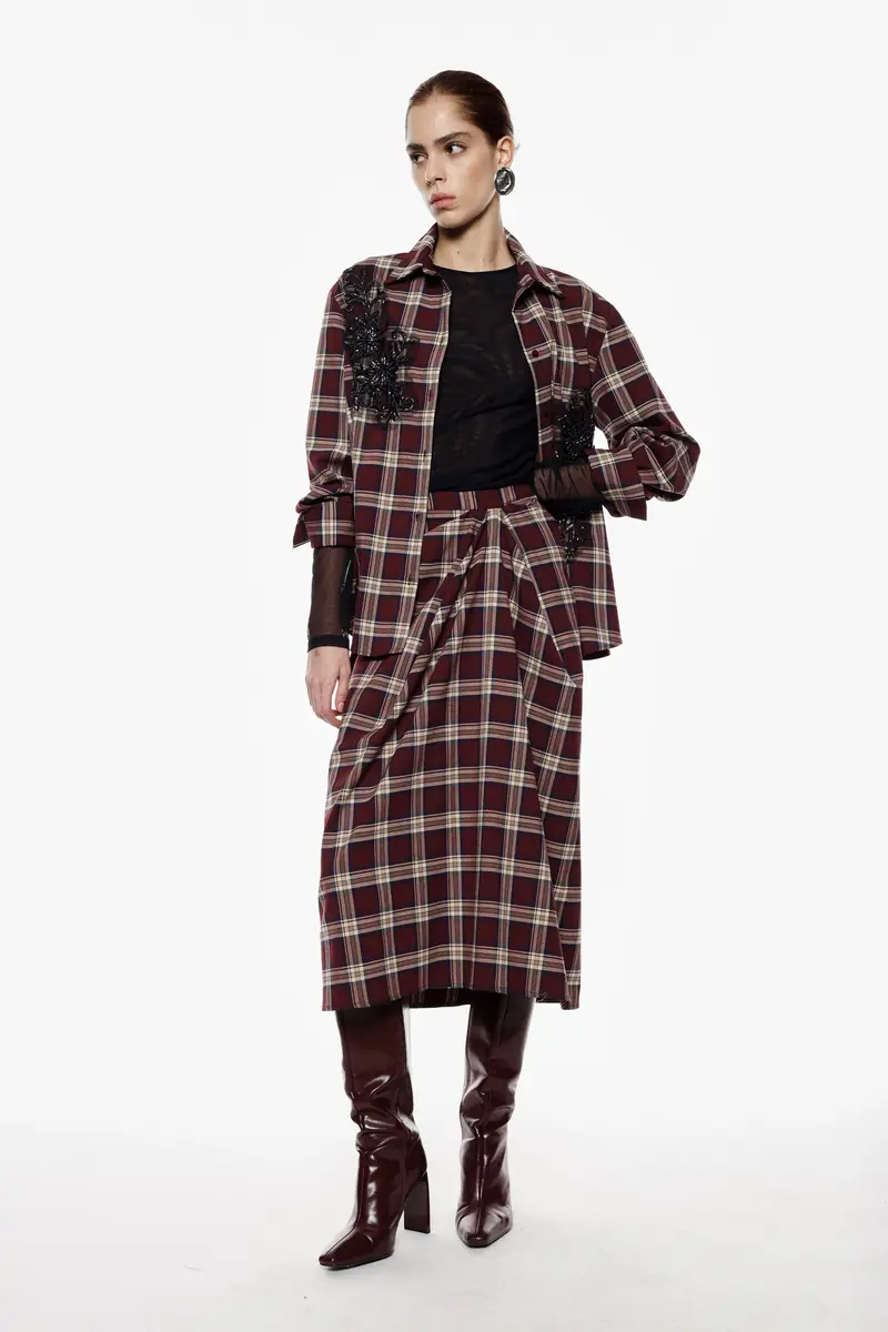 Gonna midi a portafoglio con motivo tartan Bordeaux miniatura 2