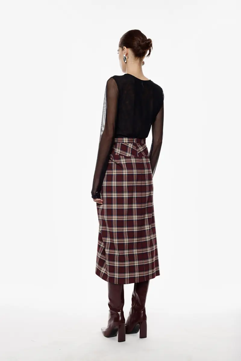 Gonna midi a portafoglio con motivo tartan Bordeaux miniatura 3