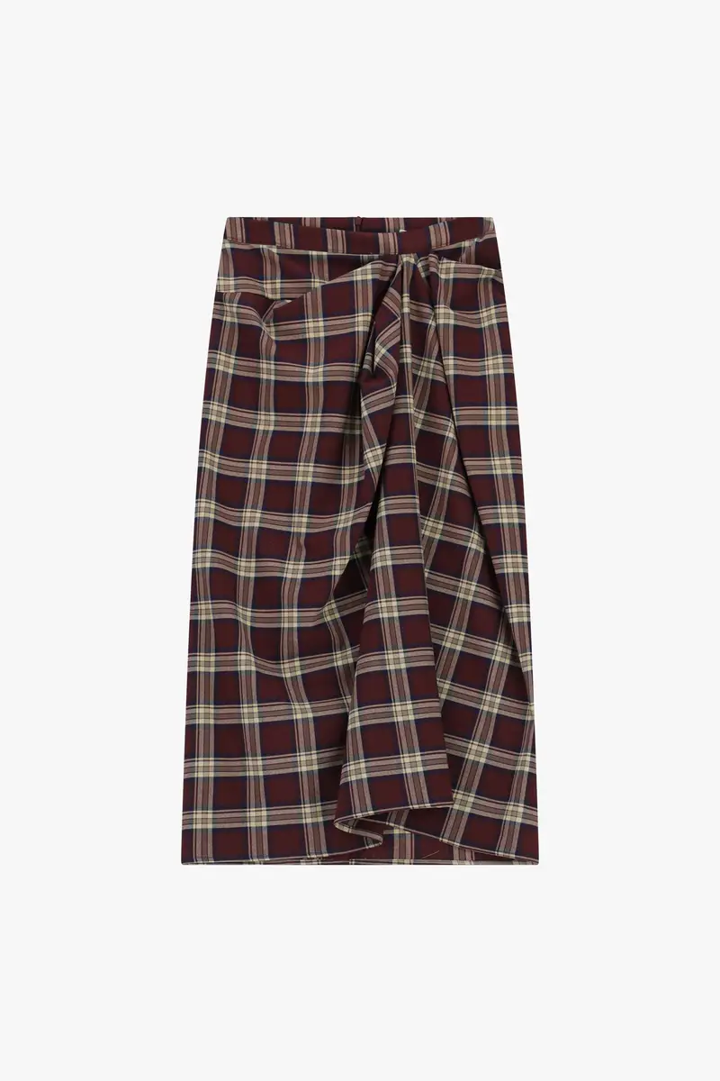 Gonna midi a portafoglio con motivo tartan Bordeaux