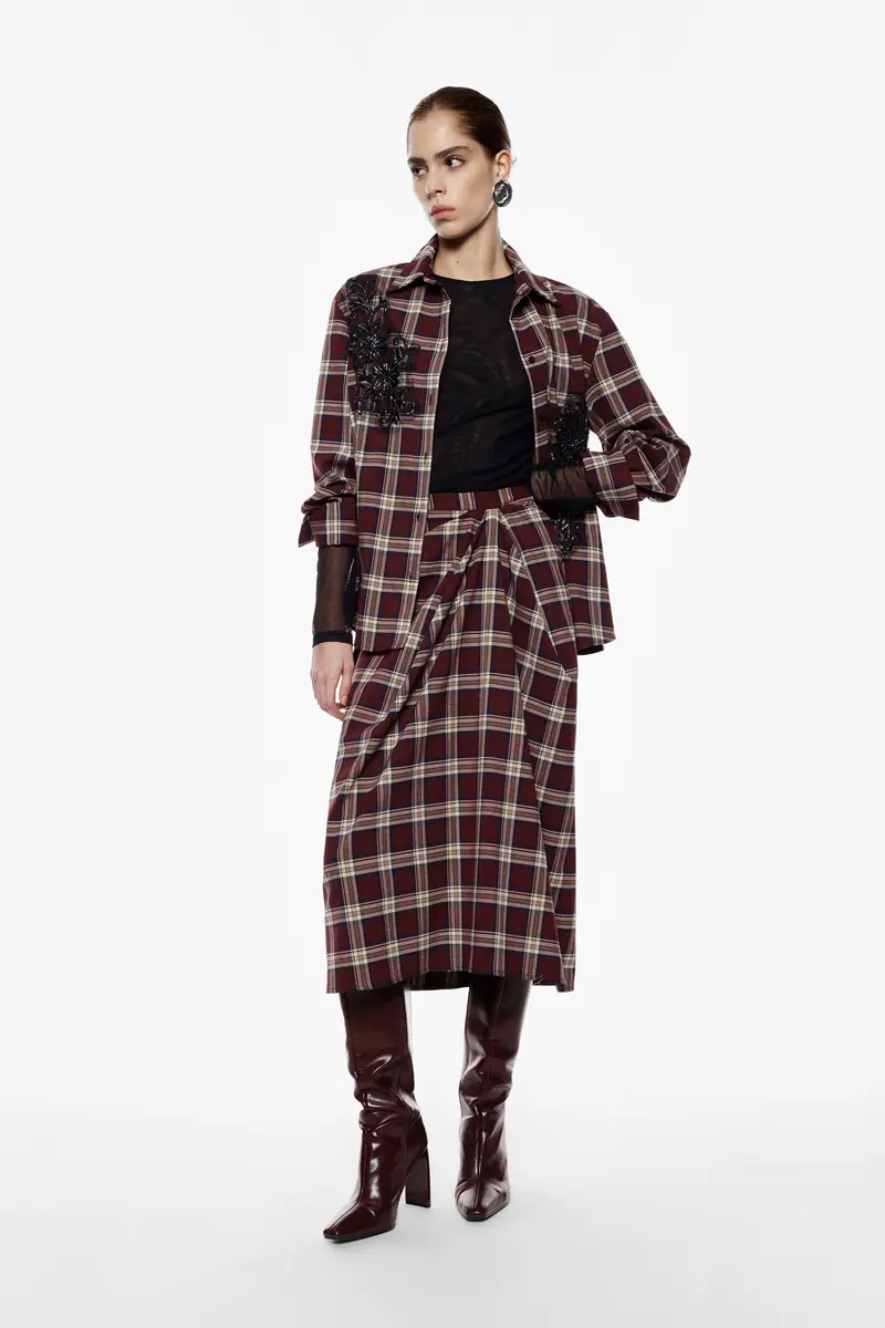 Gonna midi a portafoglio con motivo tartan Bordeaux miniatura 2