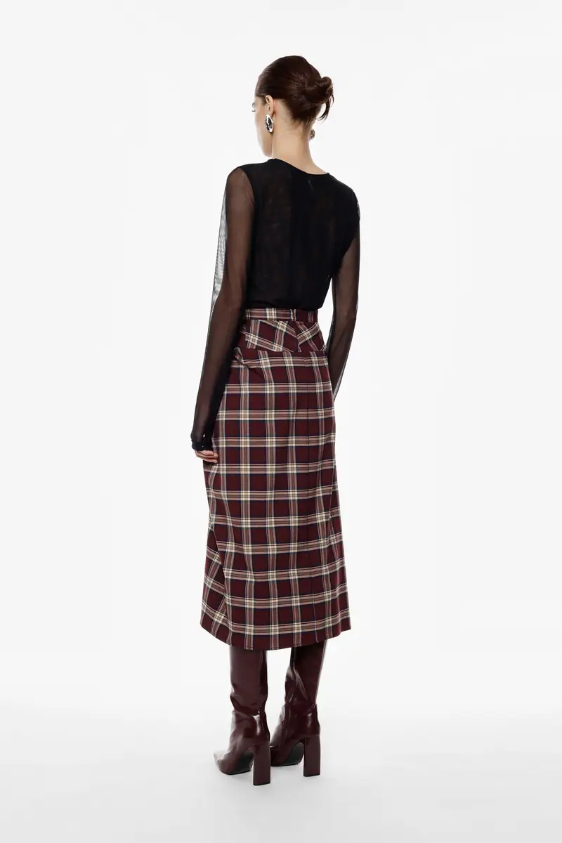 Gonna midi a portafoglio con motivo tartan Bordeaux miniatura 3