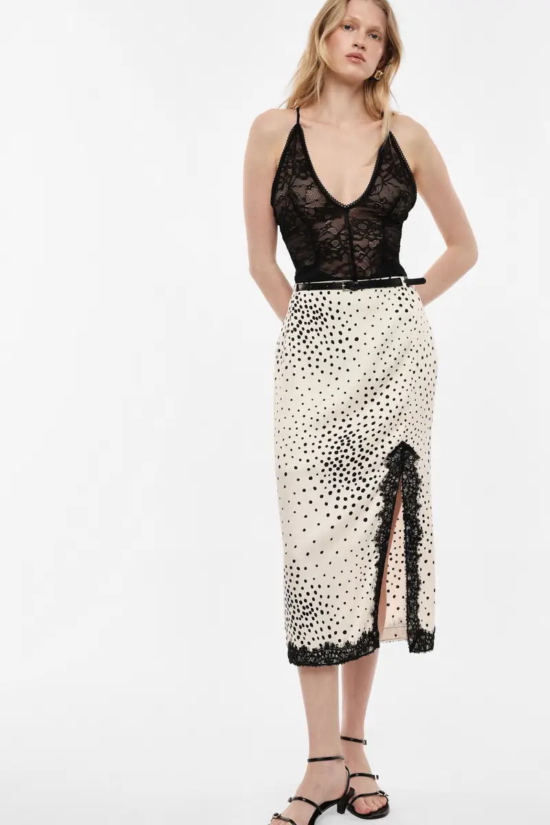 Gonna midi a vita alta con stampa pois e spacco Panna miniatura 2