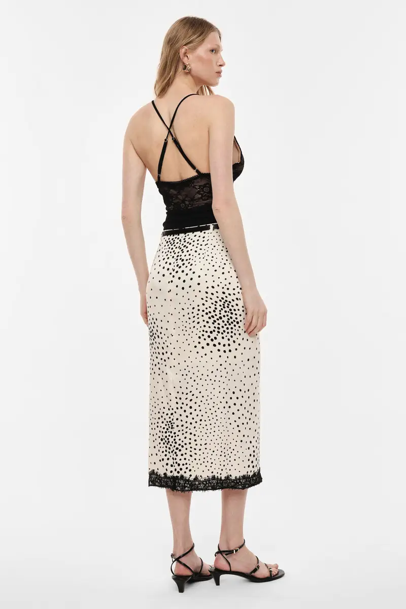 Gonna midi a vita alta con stampa pois e spacco Panna miniatura 3