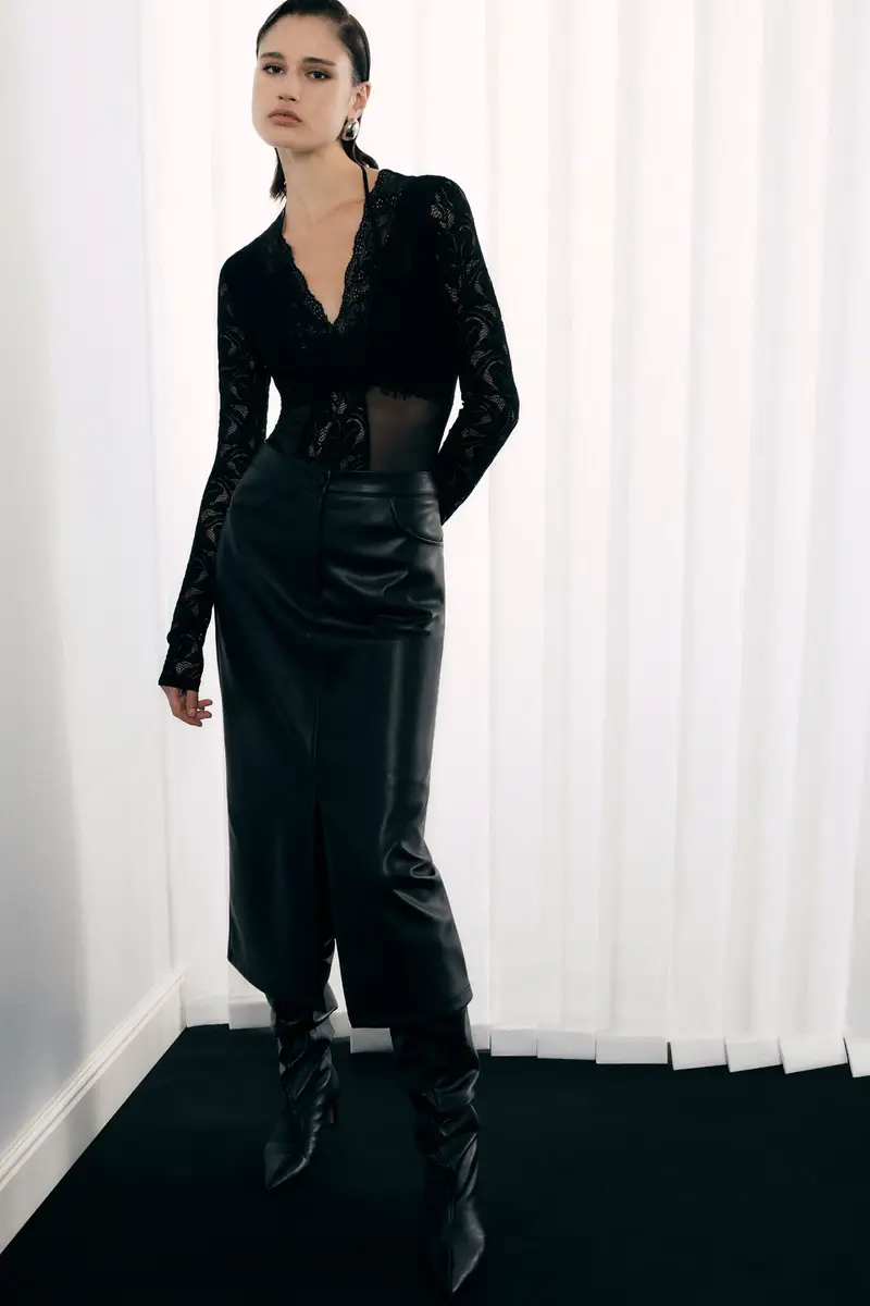 Gonna midi a vita alta con tasche e spacco frontale Nero miniatura 2