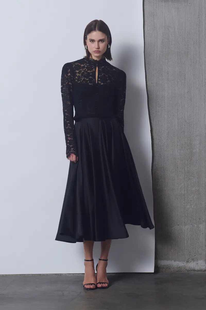 Gonna midi ampia vita alta tinta unita Nero miniatura 2