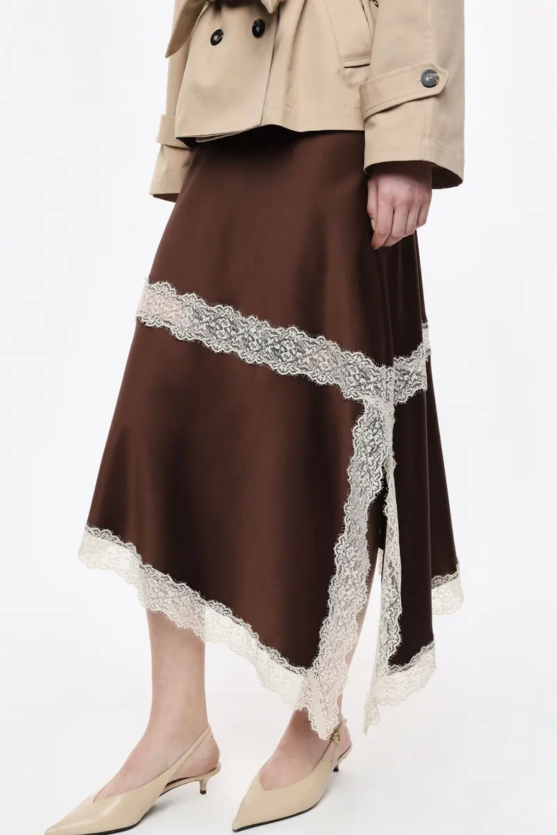 Gonna midi asimmetrica con inserti in pizzo Cacao miniatura 2