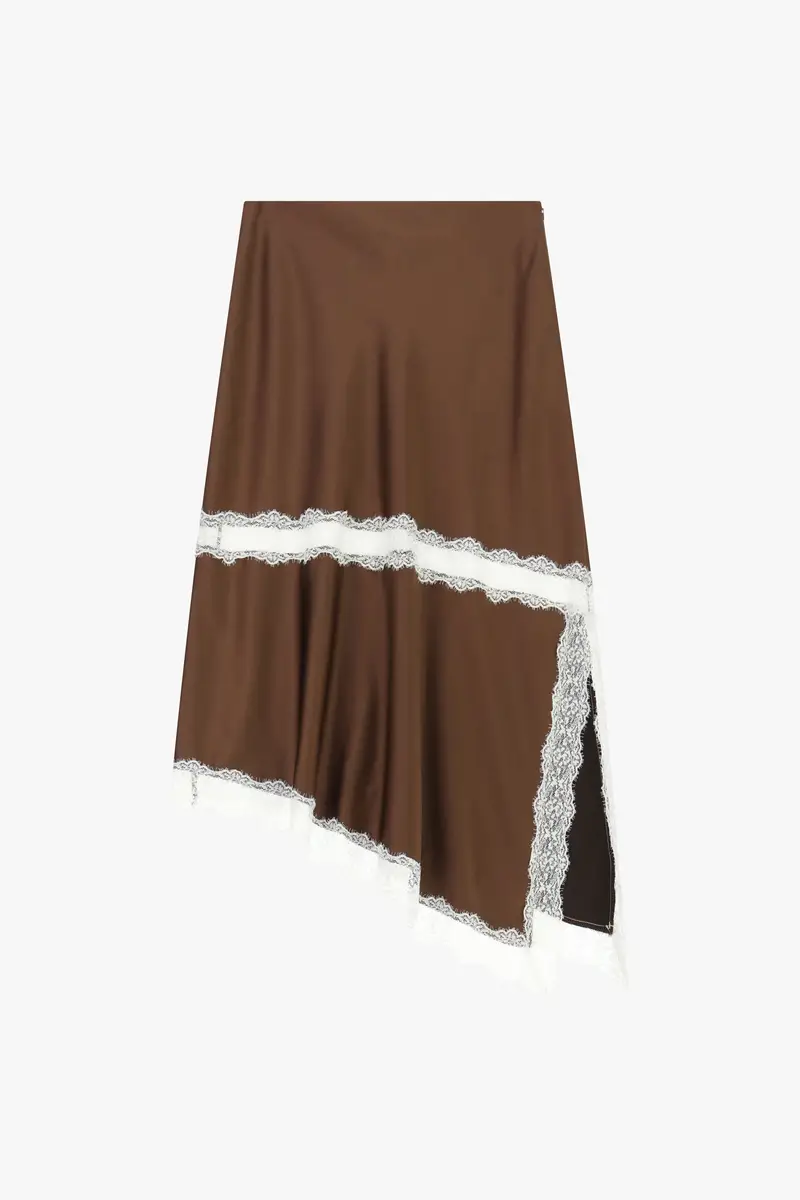 Gonna midi asimmetrica con inserti in pizzo Cacao