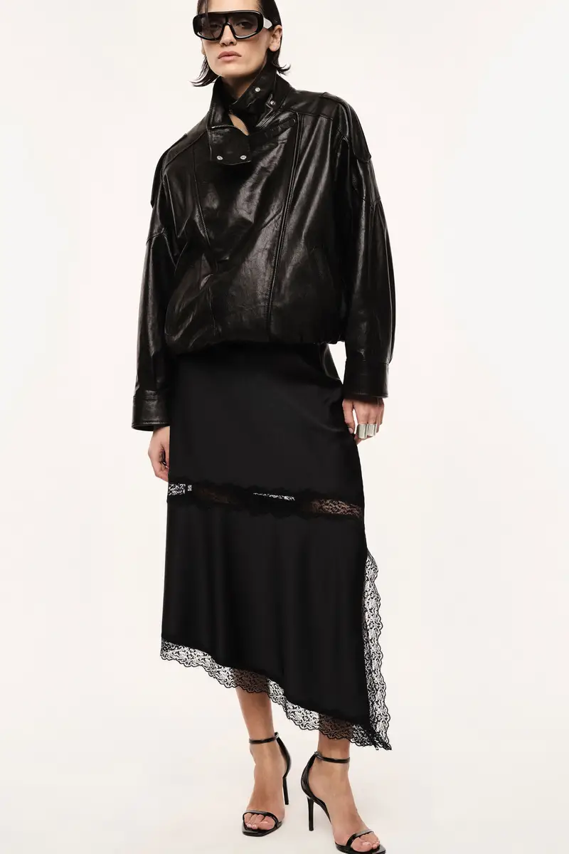 Gonna midi asimmetrica con inserti in pizzo Nero miniatura 2