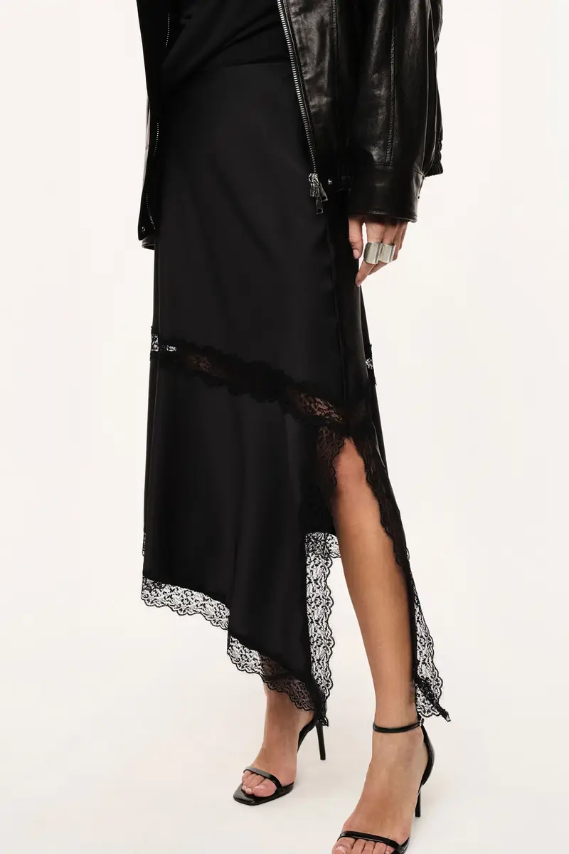 Gonna midi asimmetrica con inserti in pizzo Nero miniatura 4