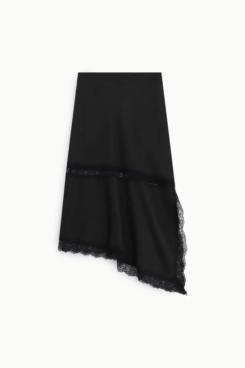 Gonna midi asimmetrica con inserti in pizzo Nero