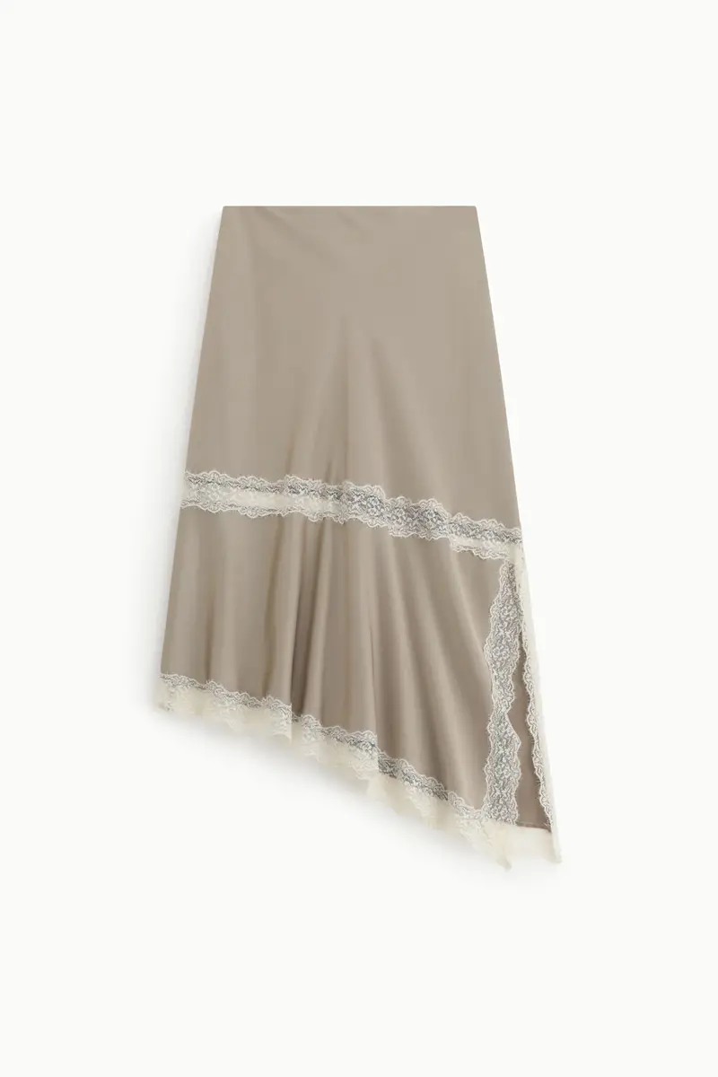 Gonna midi asimmetrica con inserti in pizzo Platino