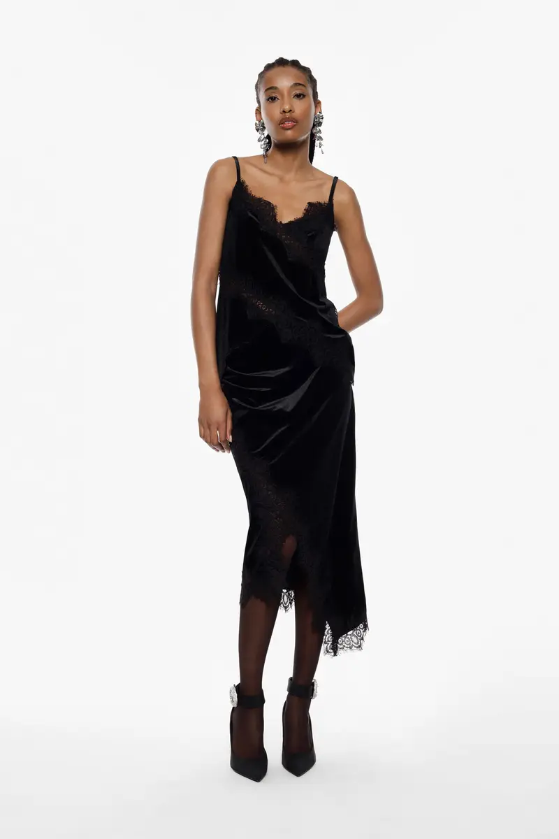 Gonna midi con bordo in pizzo asimmetrico Nero miniatura 2