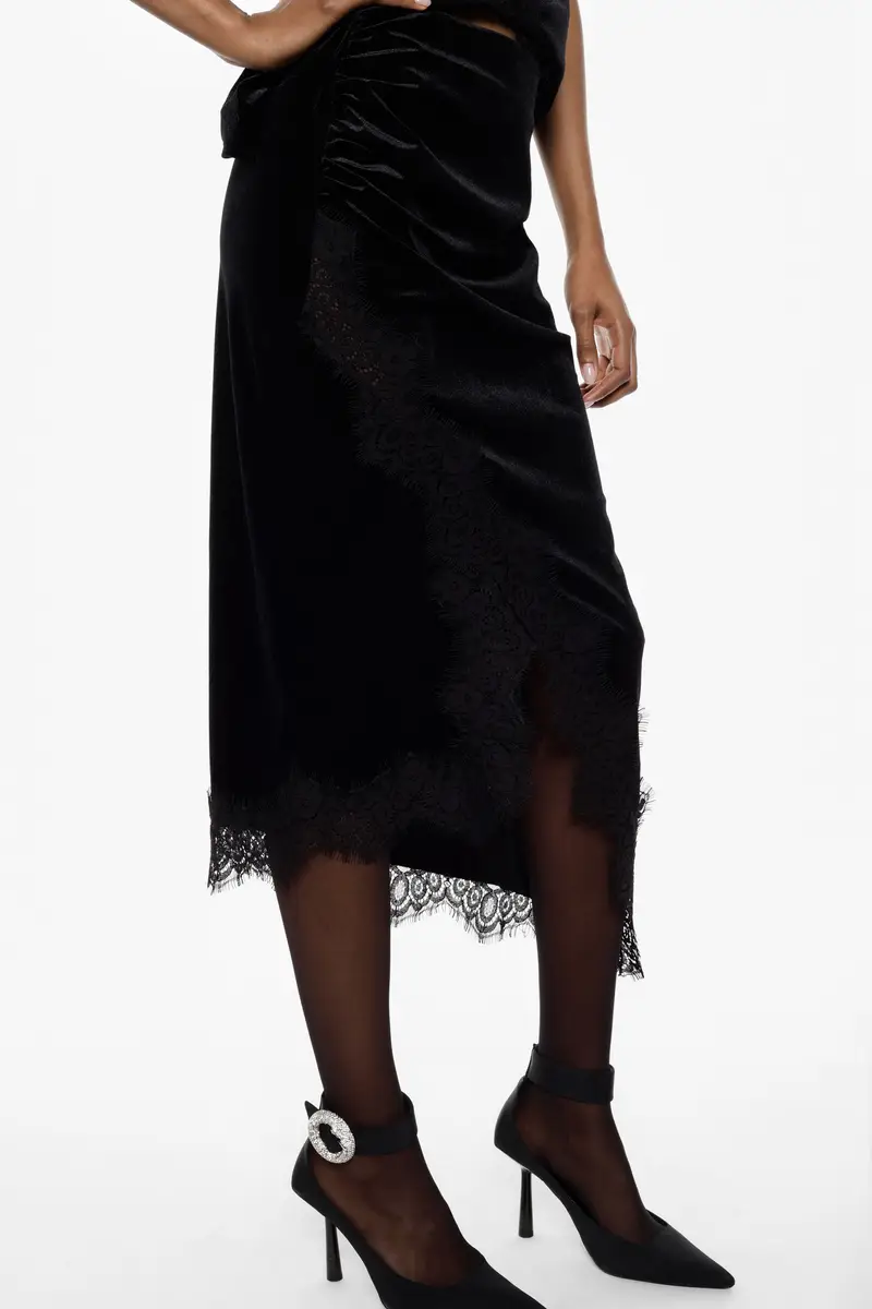 Gonna midi con bordo in pizzo asimmetrico Nero miniatura 3