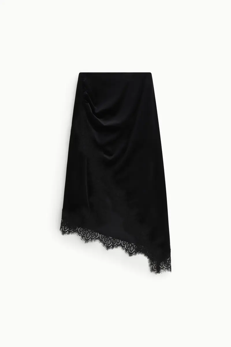 Gonna midi con bordo in pizzo asimmetrico Nero