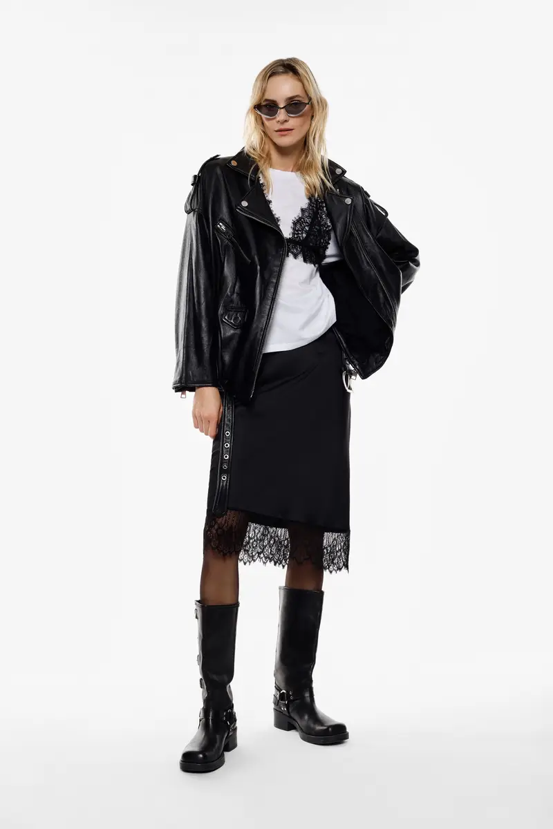 Gonna midi con bordo in pizzo e taglio dritto Nero miniatura 2