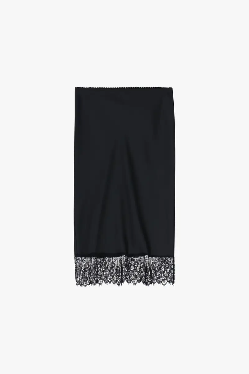 Gonna midi con bordo in pizzo e taglio dritto Nero
