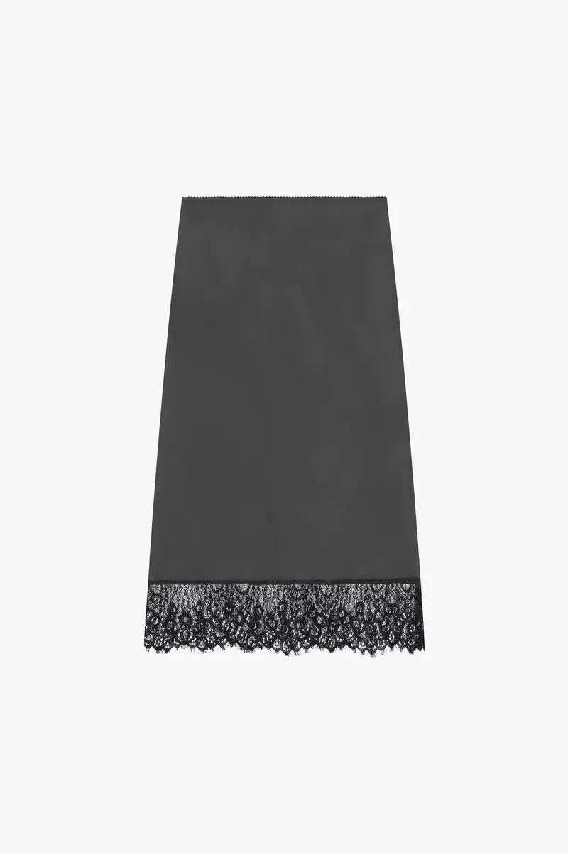 Gonna midi con bordo in pizzo e taglio dritto Piombo