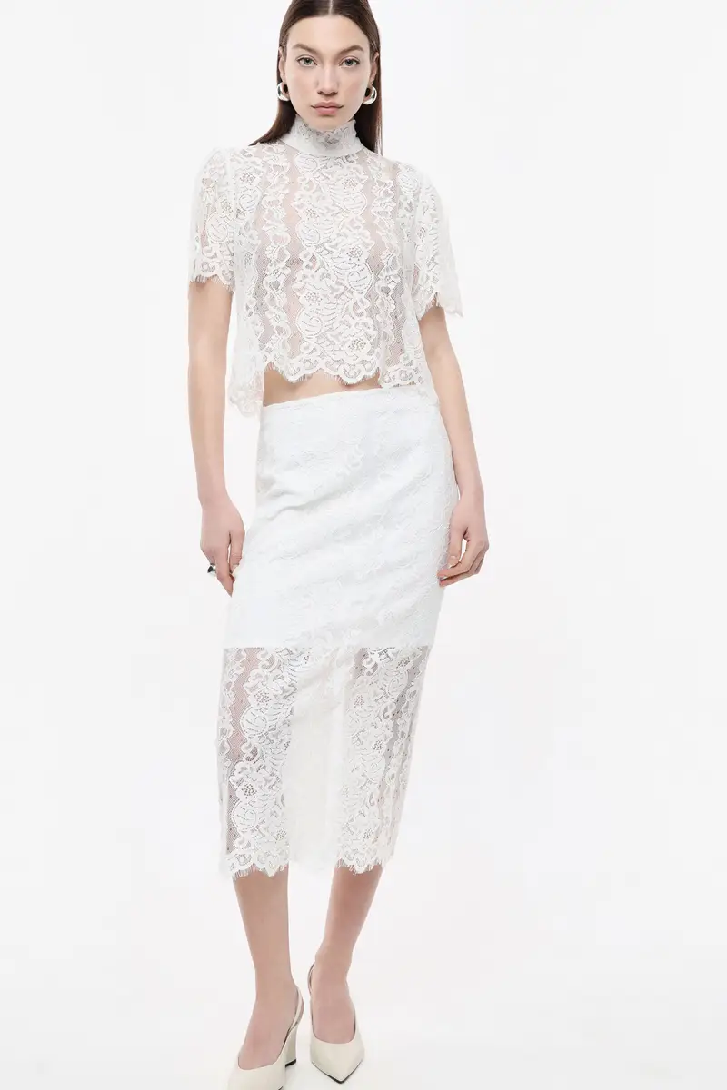 Gonna midi in pizzo con spacco laterale Latte miniatura 2