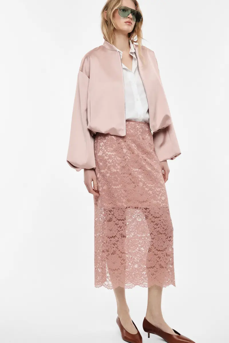 Gonna midi in pizzo con vita alta Rosa antico miniatura 2