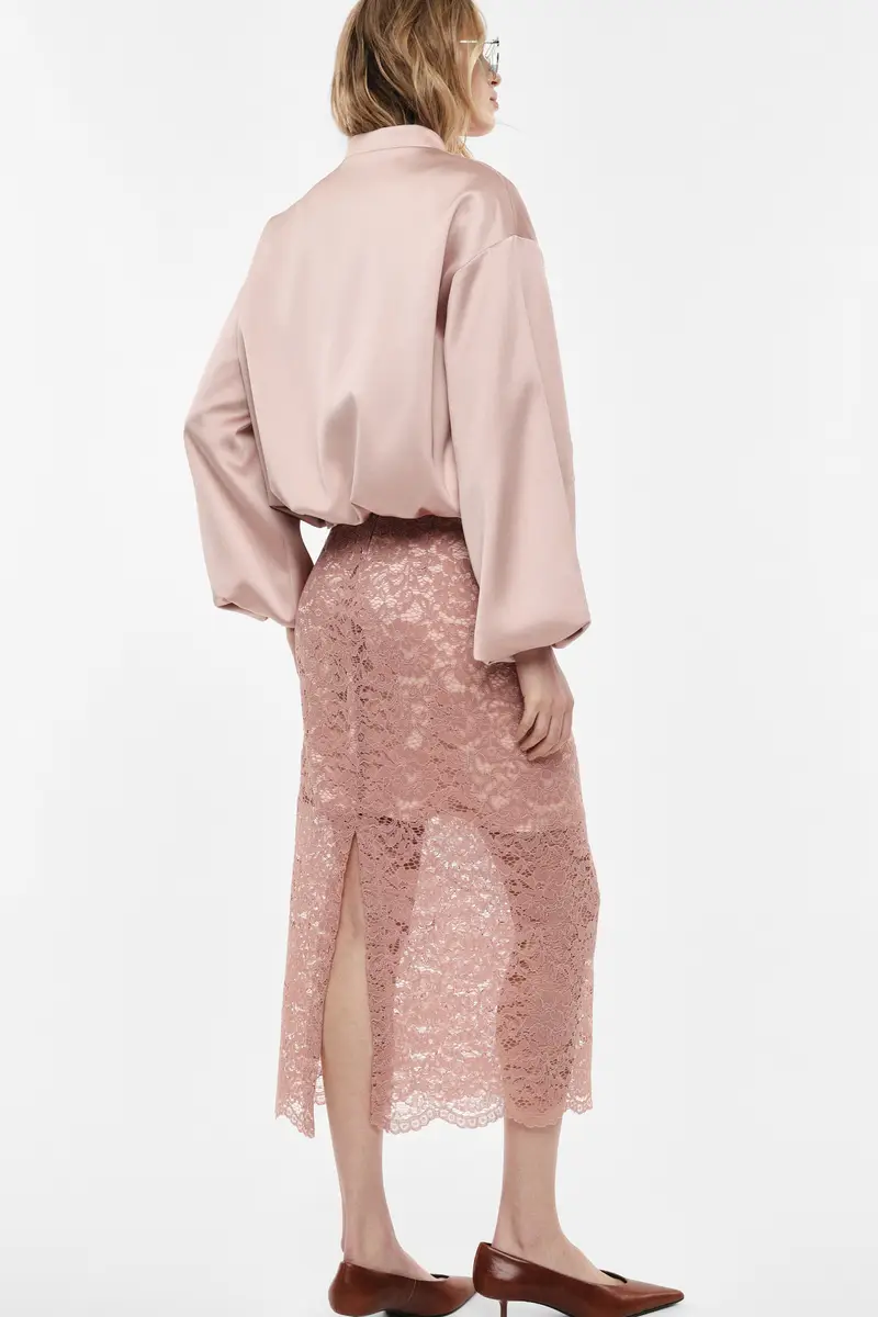 Gonna midi in pizzo con vita alta Rosa antico miniatura 3