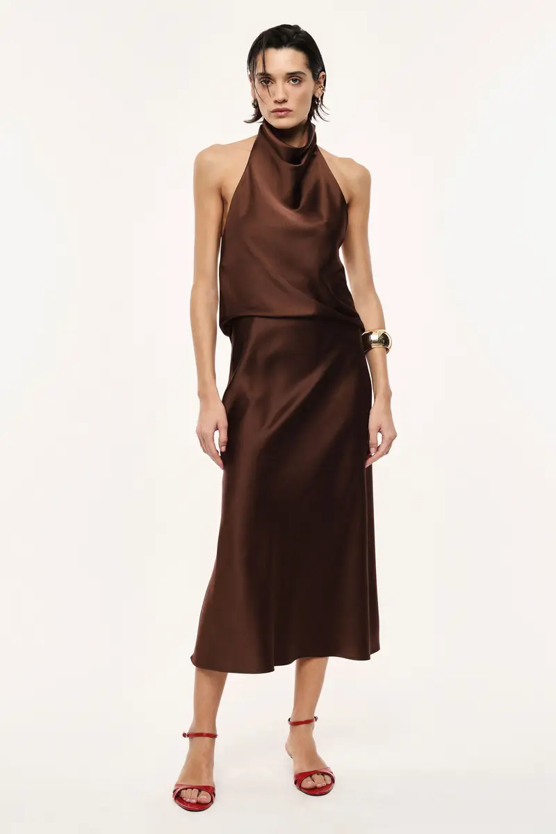 Gonna midi svasata tinta unita con vita media Cacao miniatura 2