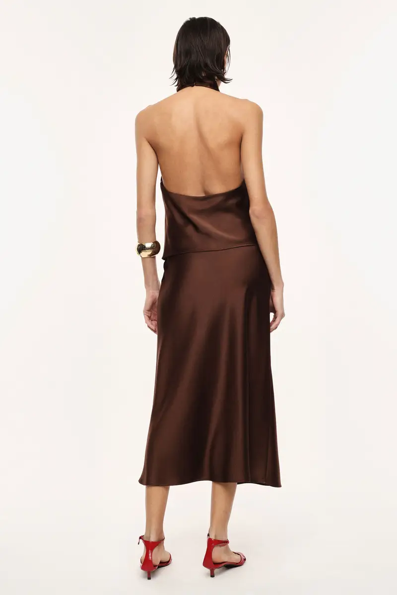 Gonna midi svasata tinta unita con vita media Cacao miniatura 3