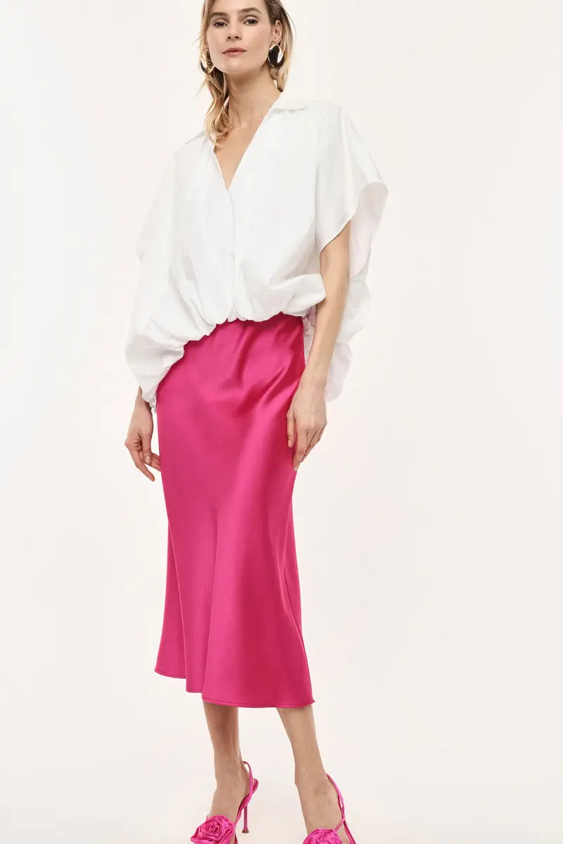 Gonna midi svasata tinta unita con vita media Fuxia miniatura 2