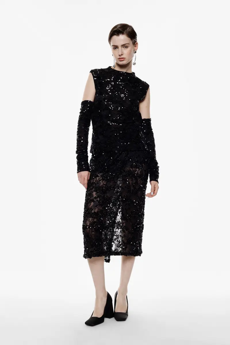 Gonna midi trasparente con paillettes e spacco posteriore Nero miniatura 2