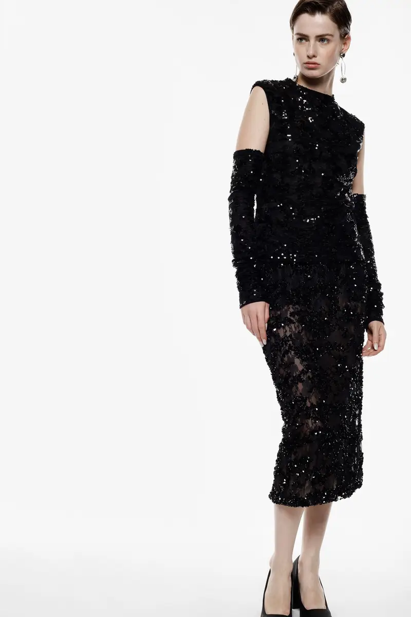 Gonna midi trasparente con paillettes e spacco posteriore Nero miniatura 3