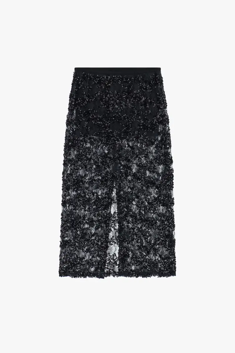 Gonna midi trasparente con paillettes e spacco posteriore Nero