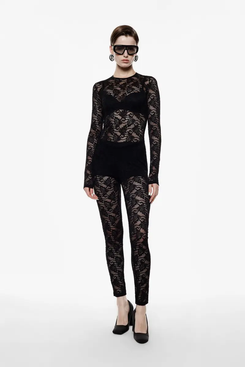 Jumpsuit in pizzo trasparente con maniche lunghe Nero miniatura 2