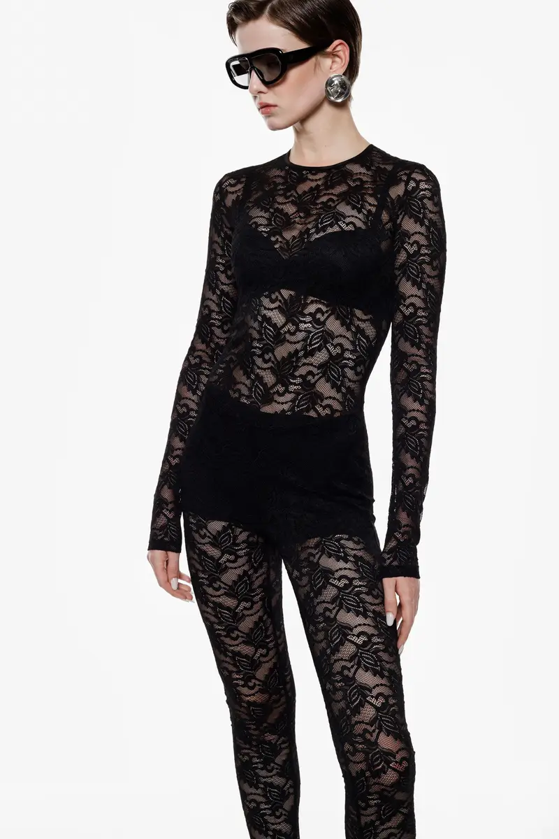 Jumpsuit in pizzo trasparente con maniche lunghe Nero miniatura 3