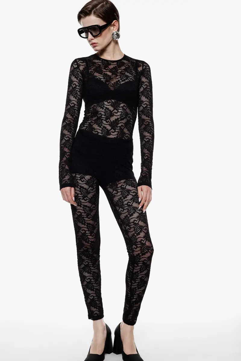 Jumpsuit in pizzo trasparente con maniche lunghe Nero miniatura 4