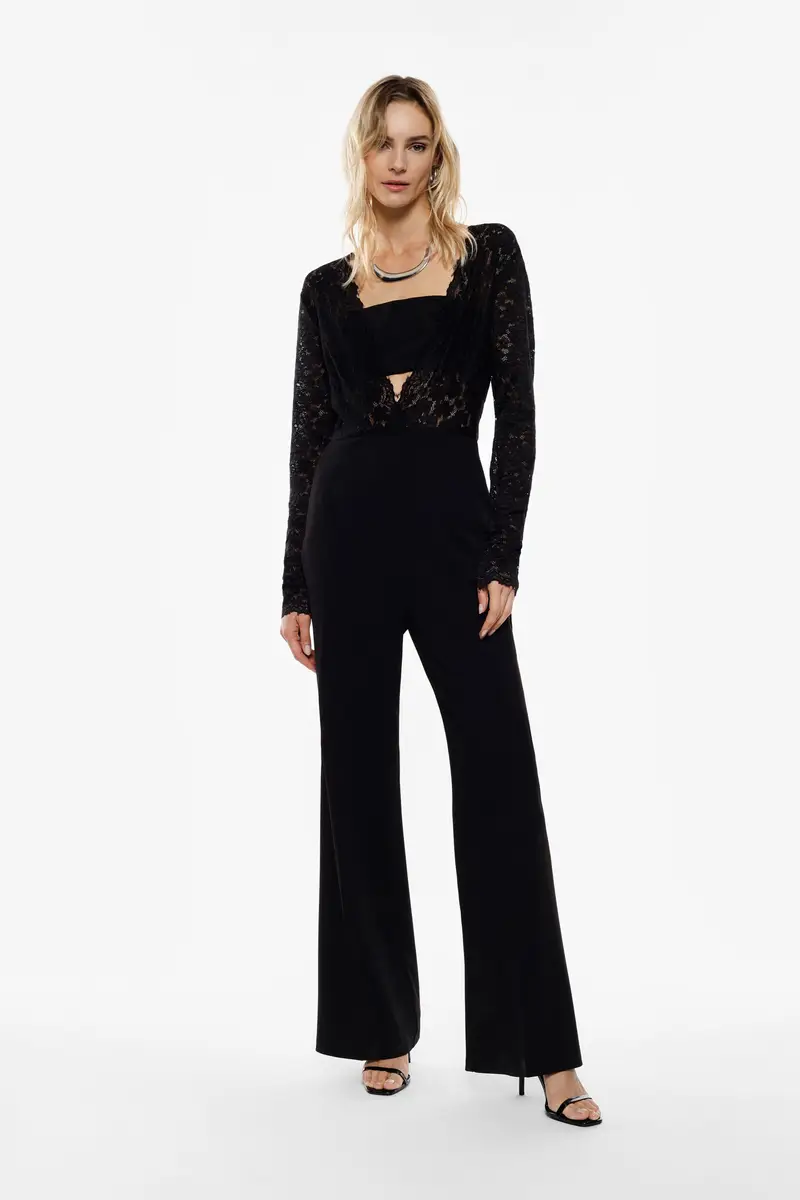 Jumpsuit lungo con pizzo e scollo a v Nero miniatura 2