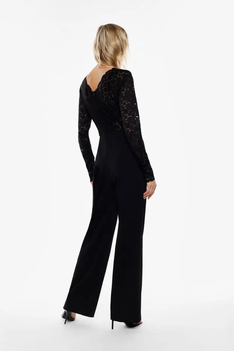 Jumpsuit lungo con pizzo e scollo a v Nero miniatura 3