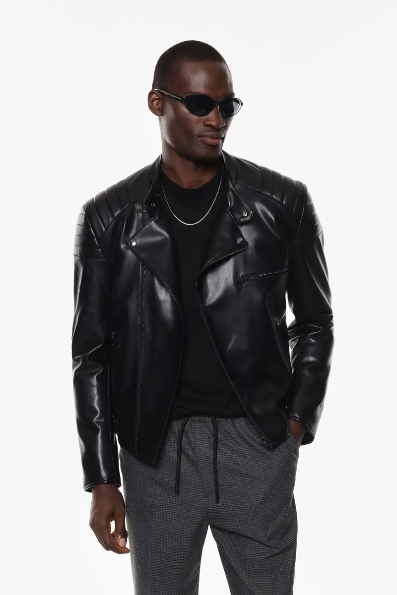 Leather jacket con zip e spalline trapuntate Nero miniatura 2
