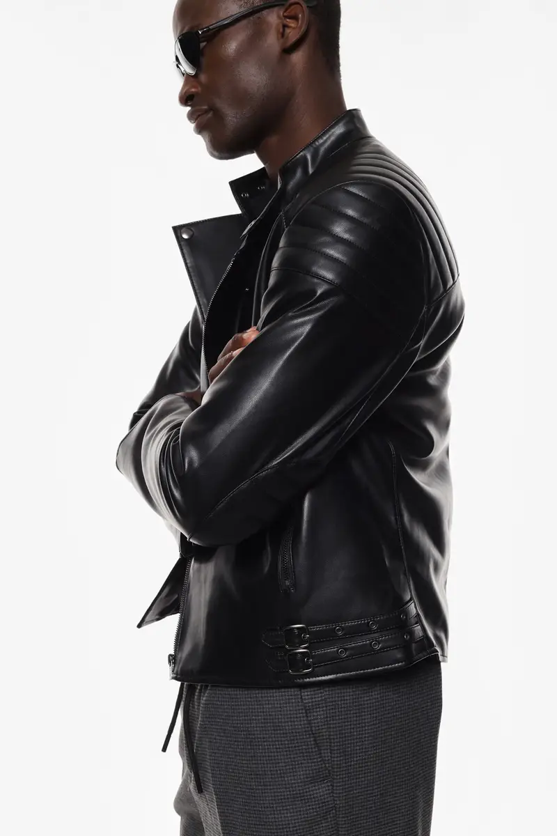 Leather jacket con zip e spalline trapuntate Nero miniatura 3