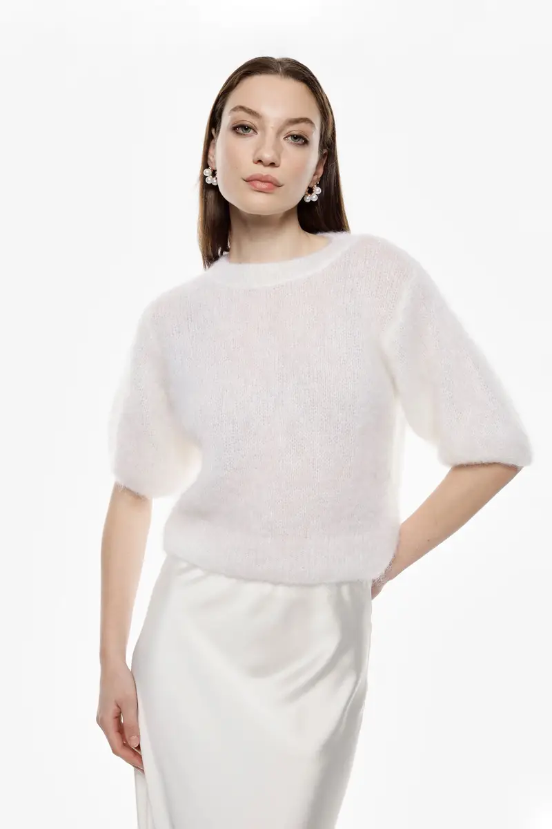 Maglia a maniche corte collo tondo effetto peluche Bianco miniatura 2