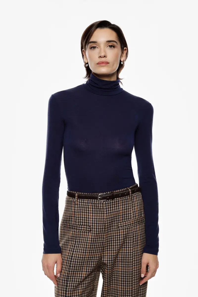 Maglia a maniche lunghe collo alto tinta unita Navy miniatura 2