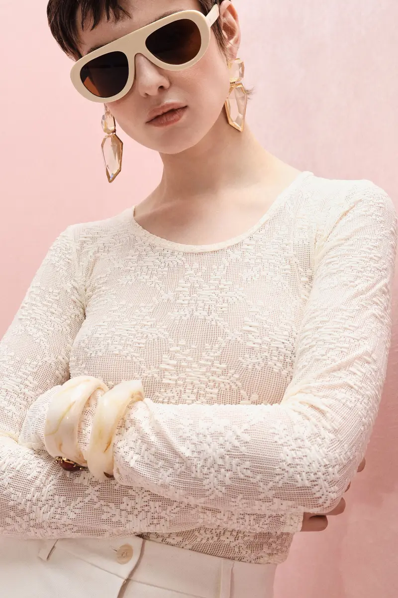 Maglia a maniche lunghe in pizzo floreale Panna miniatura 2