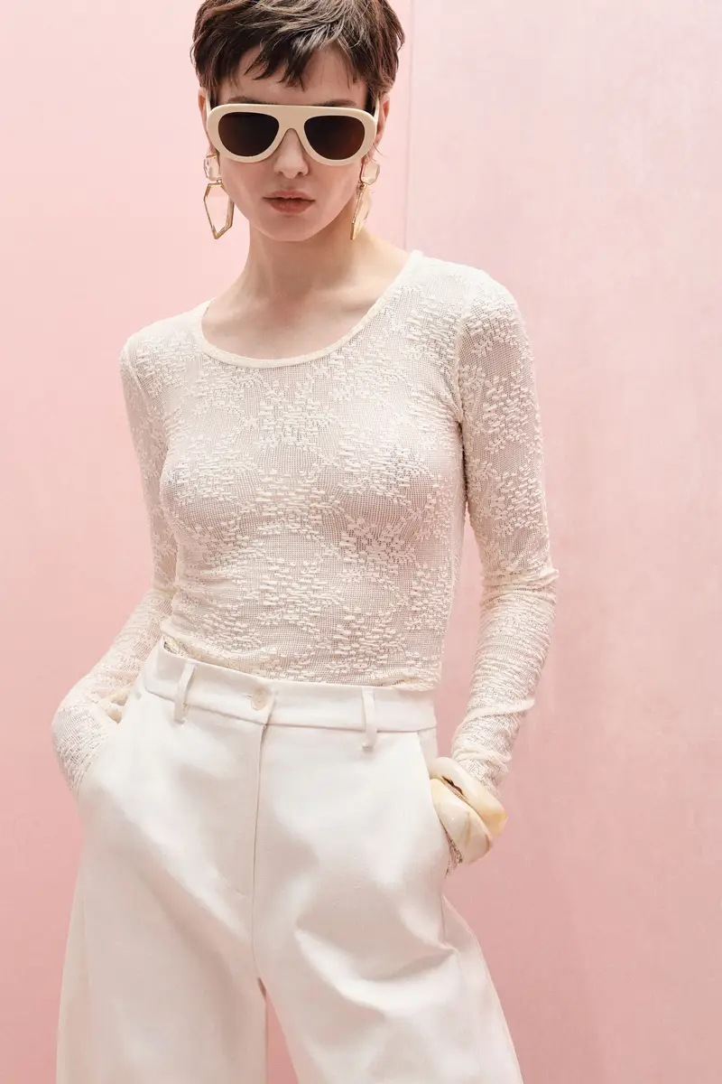 Maglia a maniche lunghe in pizzo floreale Panna miniatura 3