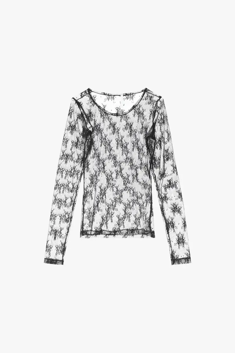 Maglia in pizzo trasparente a maniche lunghe Nero