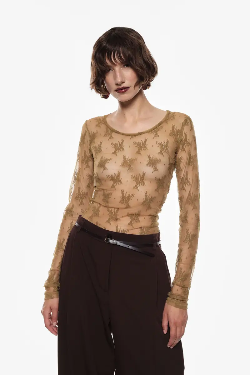 Maglia in pizzo trasparente a maniche lunghe Olio miniatura 2