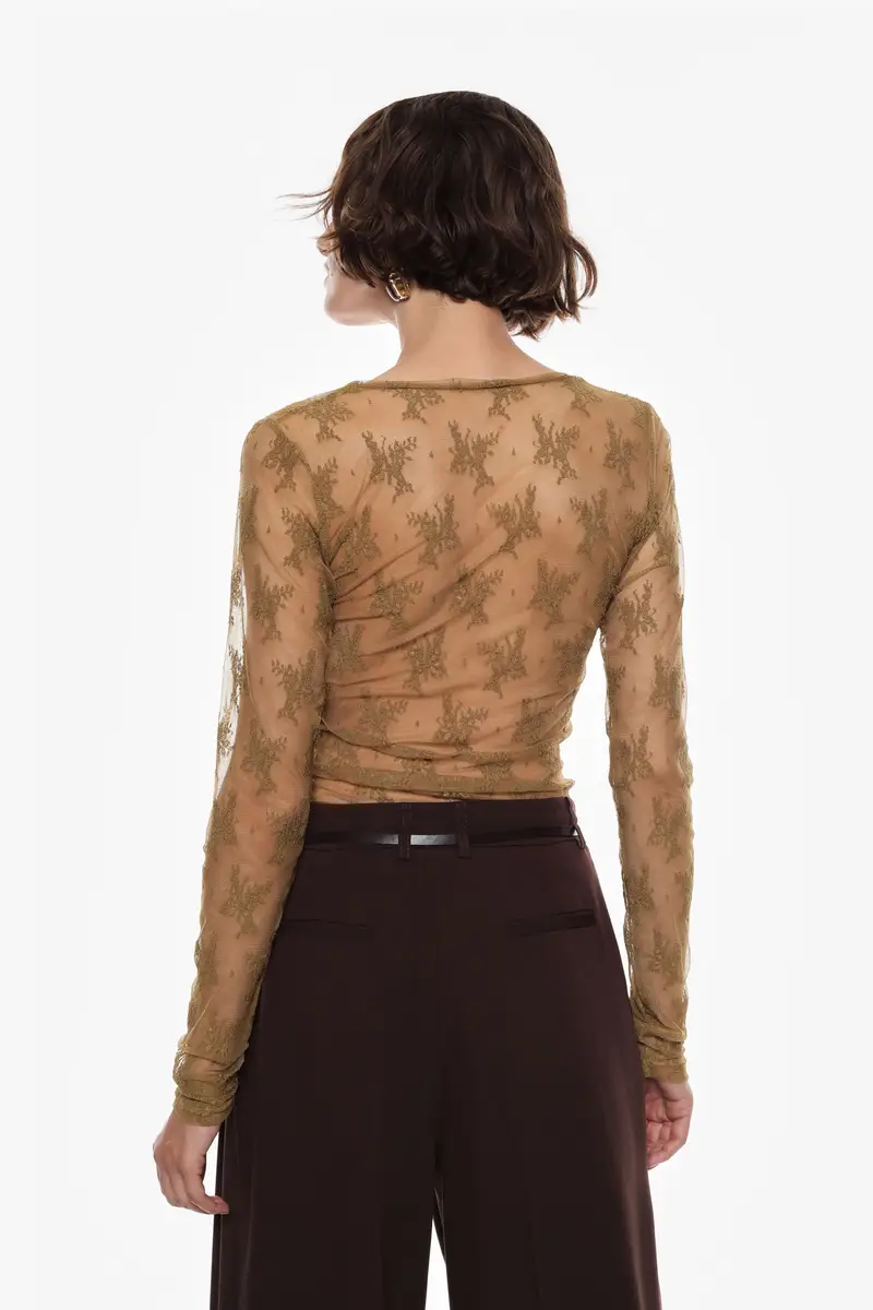 Maglia in pizzo trasparente a maniche lunghe Olio miniatura 3