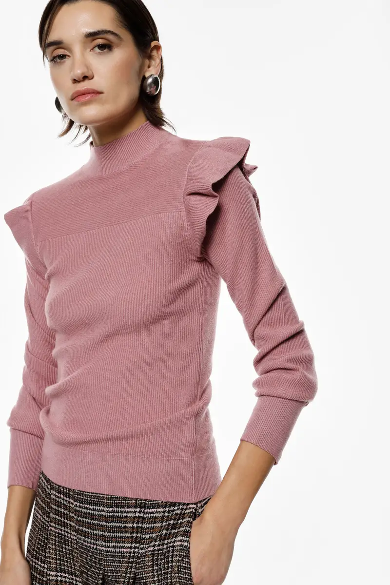 Maglione a collo alto con volant sulle spalle Cipria miniatura 2