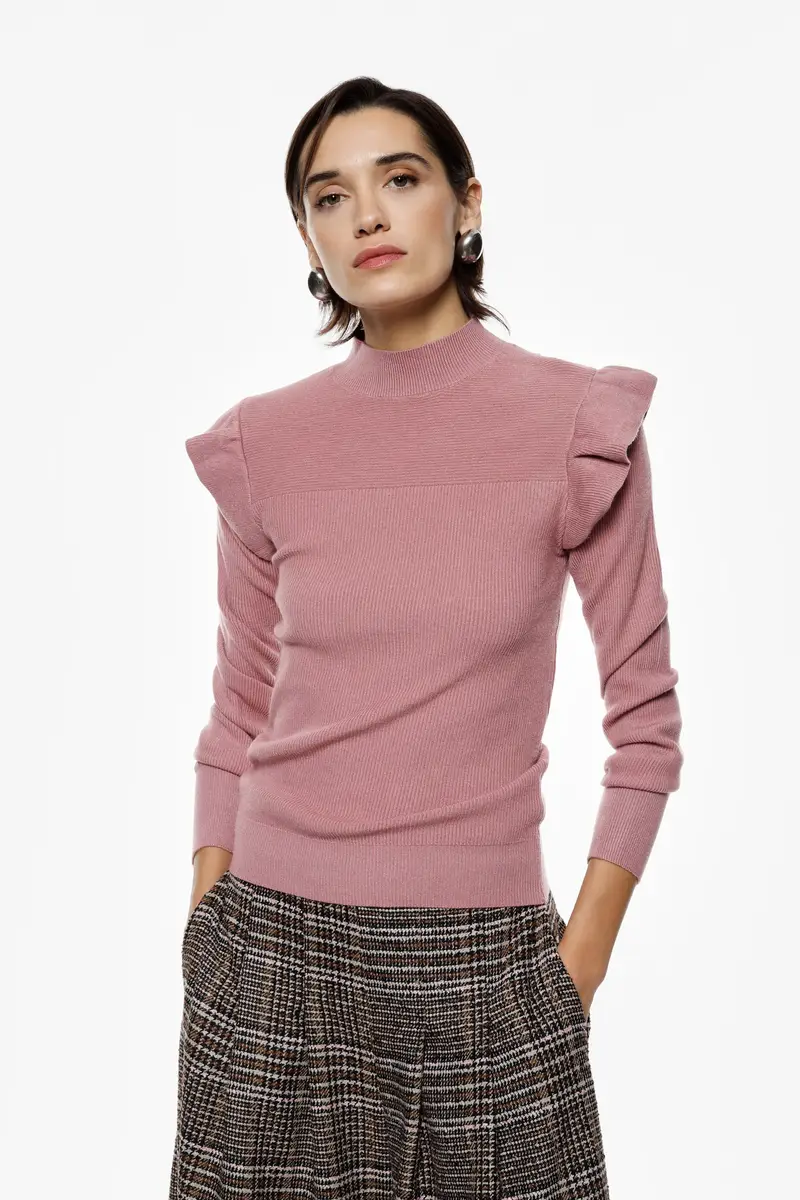 Maglione a collo alto con volant sulle spalle Cipria miniatura 3